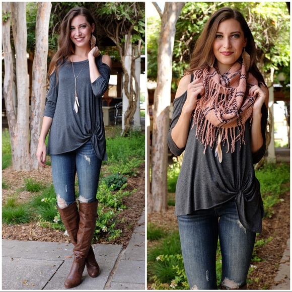 ✨LAST ONE✨Charcoal Cold Shoulder Knot Front Tunic - Picture 4 of 4